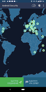 Android Security VPN server map and server selection controls, from its Google Play listing